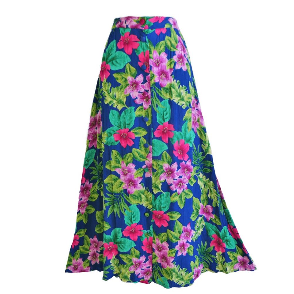 Vintage 90s Floral Midi Skirt Button Front Elastic Waist Back Hawaiian A Line S